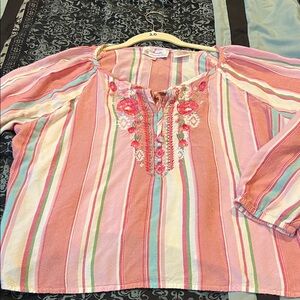 PANHANDLE Striped Embroidered Blouse - Pink and White